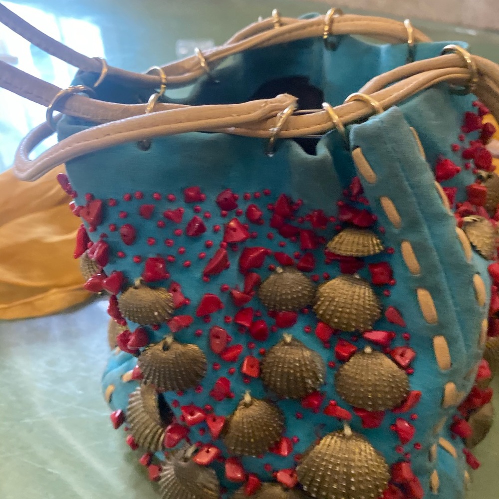 OSCAR DE LA RENTA SUEDE VELVETY LEATHER VNTG JEWELED DRAWSTRING Bag RARE FLAWED - Picture 8 of 13